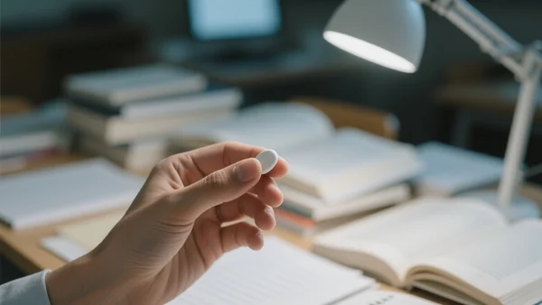 Gros plan sur une main tenant une pilule blanche au-dessus d'une table d'étudiant en désordre, livres ouverts et écran d'ordinateur flou en arrière-plan, éclairage froid de lampe de bureau