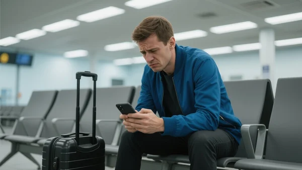 Voyageur français regardant son smartphone avec une expression frustrée, assis dans un aéroport, valise à côté, lumière fluorescente du hall
