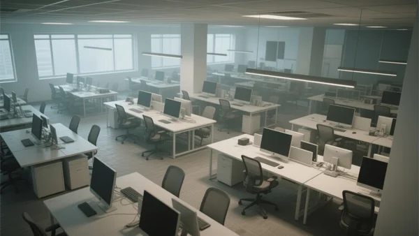 Vue plongeante sur un bureau de start-up déserté, écrans d'ordinateur éteints, chaises vides, lumières tamisées, ambiance de fermeture