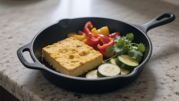 Tofu brouillé épicé au curcuma dans une poêle, avec des légumes sautés et des herbes fraîches, éclairage chaud de cuisine