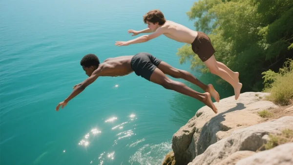 Deux adolescents en maillot de bain plongeant dans une rivière depuis un rocher, eau turquoise et reflets du soleil, paysage estival verdoyant, angle plongeant