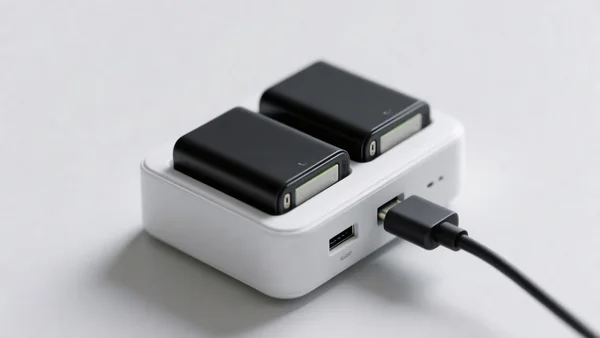 Station de charge compacte avec deux batteries amovibles noires insérées, câble USB-C branché, fond neutre sobre