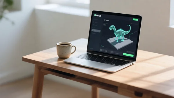 MacBook posé sur un bureau en bois, écran affichant l'interface d'Osaurus avec un modèle d'IA en cours d'exécution, à côté d'une tasse de café, lumière naturelle du jour