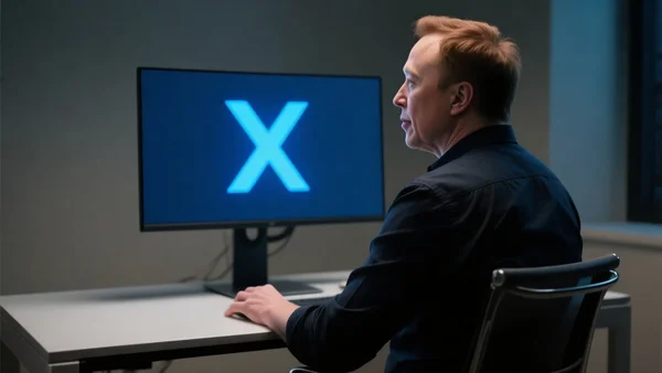 Elon Musk assis devant un ordinateur, logo X bleu visible sur l'écran, bureau moderne, lumière tamisée