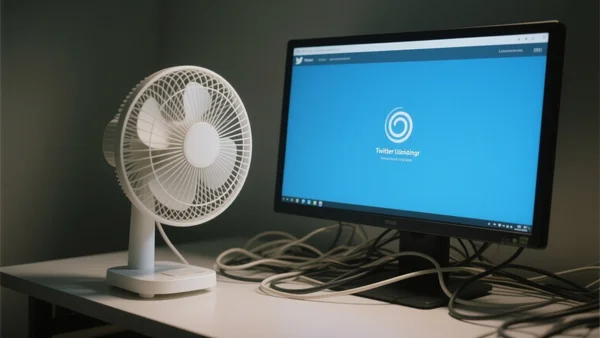 Gros plan sur un ventilateur de bureau devant un écran d'ordinateur affichant une page Twitter qui ne charge pas, câbles entremêlés, lumière tamisée