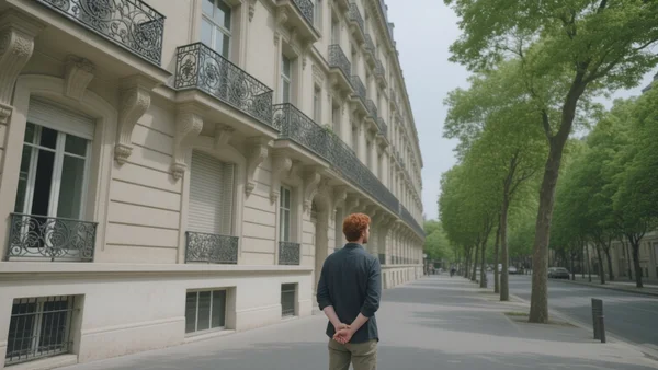 Façade d'un immeuble haussmannien à Paris avec balcons en fer forgé, ciel gris clair, rue bordée d'arbres