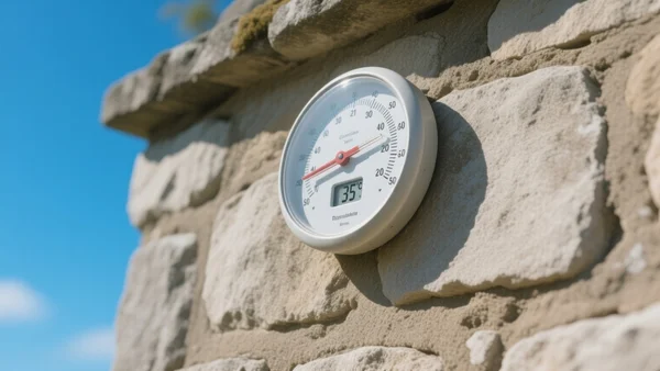 Thermomètre extérieur affichant 35°C sur un mur de pierre, ciel bleu sans nuage, lumière éclatante de fin de matinée