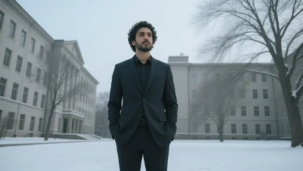 Un homme seul en costume sombre sur un campus universitaire désert, lumière froide d'hiver, tons gris et bleus, angle en contre-plongée