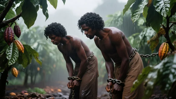Esclaves enchaînés dans une plantation de cacao, corps courbés sous la pluie tropicale, lumière tamisée et feuilles de cacaoyer mouillées, atmosphère oppressante et moite