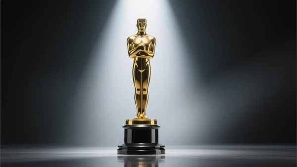 Une statuette dorée des Oscars posée sur un socle noir, éclairée par un projecteur intense sur un fond sombre et flou, symbolisant le prestige et la norme cinématographique