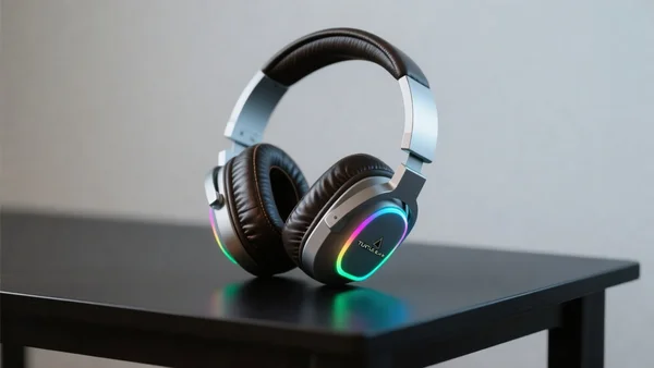 Casque gaming Turtle Beach Stealth Pro II posé sur une table, arceau en aluminium et coussinets en similicuir, éclairage RGB subtil, fond sombre