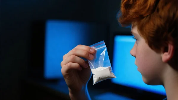 Main d'un adolescent tenant un petit sachet de poudre blanche dans une chambre sombre, lumière bleutée d'écran d'ordinateur au fond