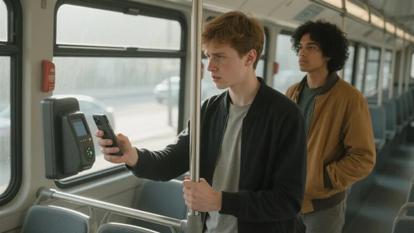 Deux jeunes debout dans un bus lyonnais, l'un tenant son téléphone face à un valideur, regard tendu, lumière du jour traversant les vitres, sièges vides autour