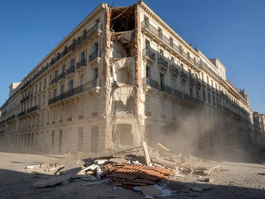 Effondrement partiel d'un immeuble à Noailles, Marseille, soulevant un nuage de poussière.