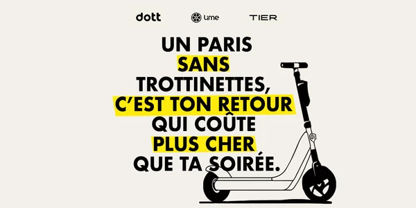 Affiche de campagne des opérateurs Dott, Lime et Tier pour le maintien des trottinettes en libre-service à Paris.