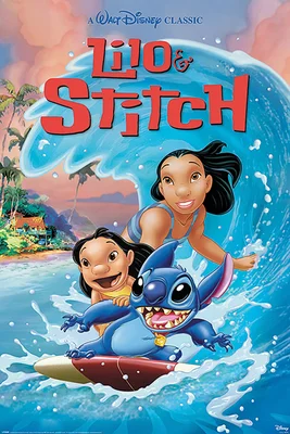 Affiche du film Lilo & Stitch avec les personnages surfant sur une vague.