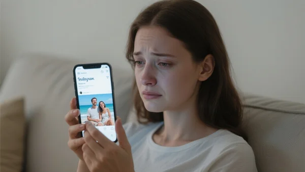 Personne assise sur son canapé, téléphone à la main, scrollant Instagram affichant des photos de couples heureux en vacances, lumière froide de l'écran, expression de tristesse sur le visage