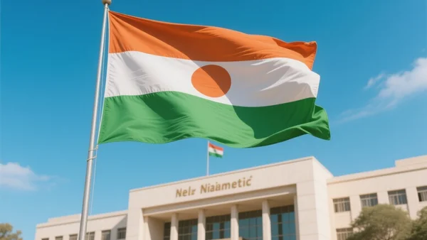 Drapeau du Niger flottant devant un bâtiment gouvernemental à Niamey, ciel bleu, plan large