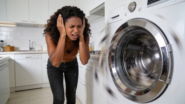 Jeune femme en appartement, mains sur les oreilles, à côté d'un lave-linge qui vibre et fait du bruit en essorant, cuisine lumineuse