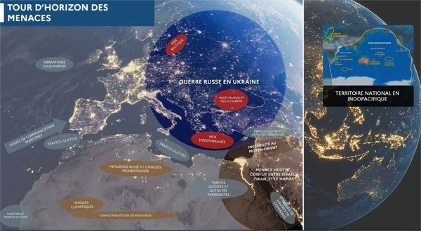 Infographie « Tour d'horizon des menaces » illustrant les défis géopolitiques actuels, dont la guerre en Ukraine.