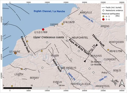 Carte géologique de Normandie avec les failles de Fécamp et du Pays de Bray et les séismes historiques.