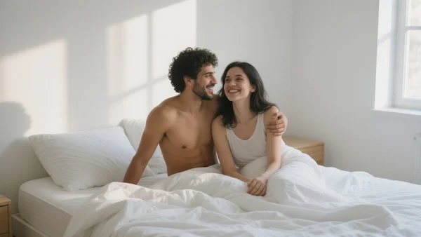 Jeune couple souriant assis sur un lit défait dans une chambre lumineuse et cosy, matelas blanc visible, lumière naturelle du matin