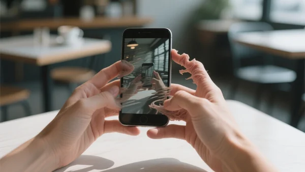 Mains floues et déformées tenant un téléphone, doigts mal fusionnés, arrière-plan flou de café, éclairage incohérent, ambiance suspecte de deepfake