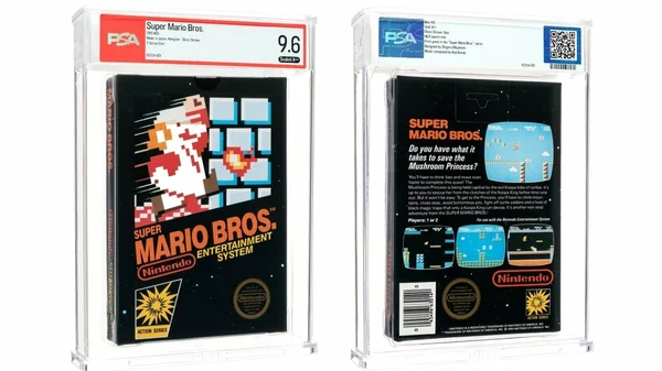 Deux exemplaires gradés de Super Mario Bros. sous boîtier PSA, faces avant et arrière.