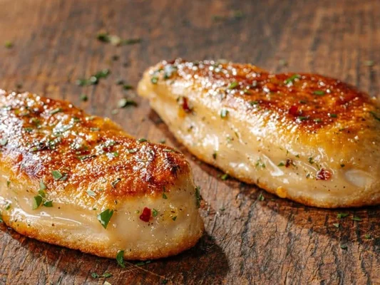 Blancs de poulet poêlés aux herbes, mettant en valeur la texture du produit.