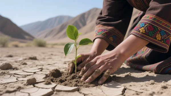 Gros plan sur les mains d'une femme afghane en train de planter un jeune arbre dans un sol sec, tenue traditionnelle colorée, fond de montagnes arides, lumière naturelle