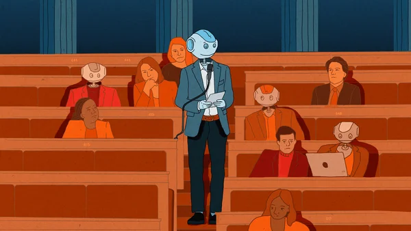 Illustration représentant un robot humanoïde s'adressant à une assemblée, évoquant l'usage de l'intelligence artificielle dans la rédaction d'amendements parlementaires.