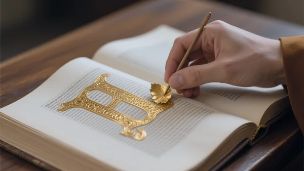 Plan serré sur une main de moine appliquant une fine feuille d'or sur une lettrine ornée d'un manuscrit ouvert, posé sur une table en bois. On distingue les contours de la lettre et la brillance de l'or. L'image illustre la technique de la dorure et le luxe des manuscrits enluminés.