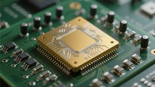 Premier plan d'une puce électronique dorée sur un circuit imprimé vert, entourée de minuscules composants soudés, éclairage de laboratoire froid et précis