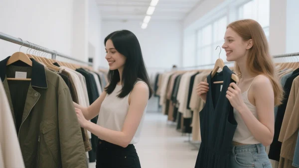 Jeunes personnes dans un vide-dressing urbain, triant des vêtements sur des portants, échangeant des habits, ambiance conviviale et engagée, vue large, intérieur lumineux