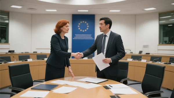 Salle de réunion du Parlement européen à Bruxelles, eurodéputés debout en cercle autour d'une table, poignées de main et documents, ambiance solennelle et déterminée