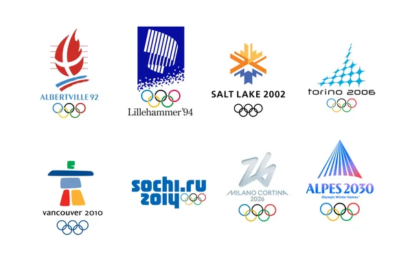 Évolution des logos des Jeux Olympiques d'hiver, d'Albertville 1992 à Alpes 2030.
