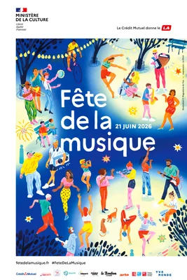 Affiche officielle de la Fête de la musique 2026 avec des musiciens et danseurs dans un parc nocturne.