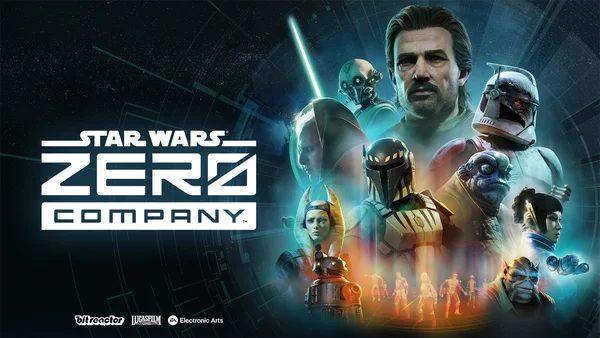 Affiche promotionnelle de Star Wars Zero Company présentant un collage de personnages emblématiques du jeu.