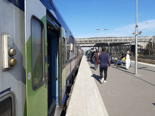 Rame de RER E et ligne P immobilisée en gare, passagers présents sur le quai.