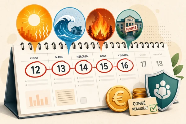 Illustration conceptuelle d'un calendrier de bureau lié à la proposition de congé climatique, avec des icônes de conditions météorologiques extrêmes et de congés.