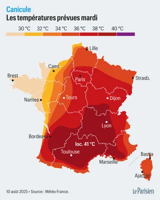 Carte des températures maximales prévues pour le mardi 12 août 2025, avec des zones dépassant les 40 °C.