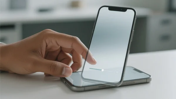Doigt d'utilisateur glissant un curseur de transparence sur l'écran d'un iPhone, interface passant d'un effet vitreux très flou à un effet dépoli plus opaque, arrière-plan de bureau flou