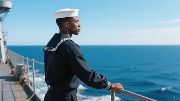Affiche de propagande de 1942 montrant un marin en uniforme debout sur un navire, regardant l'horizon, couleurs sépia et bleu marine, style dessin rétro