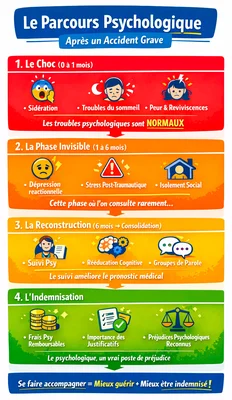Infographie 'Le Parcours Psychologique Après un Accident Grave' montrant les étapes de choc, phase invisible, reconstruction et indemnisation.