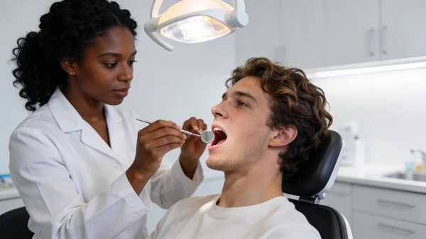Jeune homme chez le dentiste, assis sur le fauteuil, le dentiste en blouse blanche examine ses dents avec un miroir, lumière blanche du cabinet