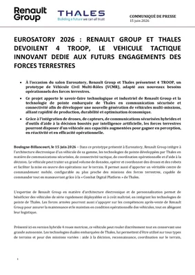 Communiqué de presse officiel Renault Group et Thales pour le 4 TROOP à Eurosatory 2026.
