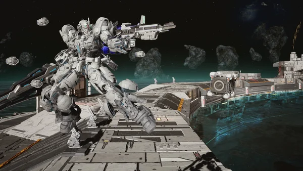 Deux Gundams blancs sur une plateforme spatiale dans Gundam Rogue Orbit.