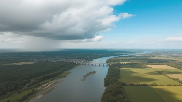 Carte de France divisée en deux moitiés: ciel gris et nuageux au nord, ciel bleu et ensoleillé au sud, avec la Loire comme ligne de séparation visible