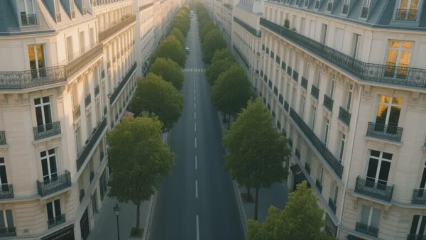 Vue aérienne d'un quartier résidentiel huppé de Neuilly-sur-Seine avec des immeubles haussmanniens et des arbres alignés, lumière dorée du soir