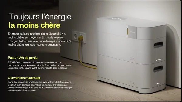 Batterie Sunology Storey branchée sur une prise murale, avec texte promotionnel.